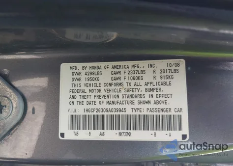 2009 Honda Accord 2.4 Lx z USA, uszkodzony, nr VIN 1HGCP26309A039945